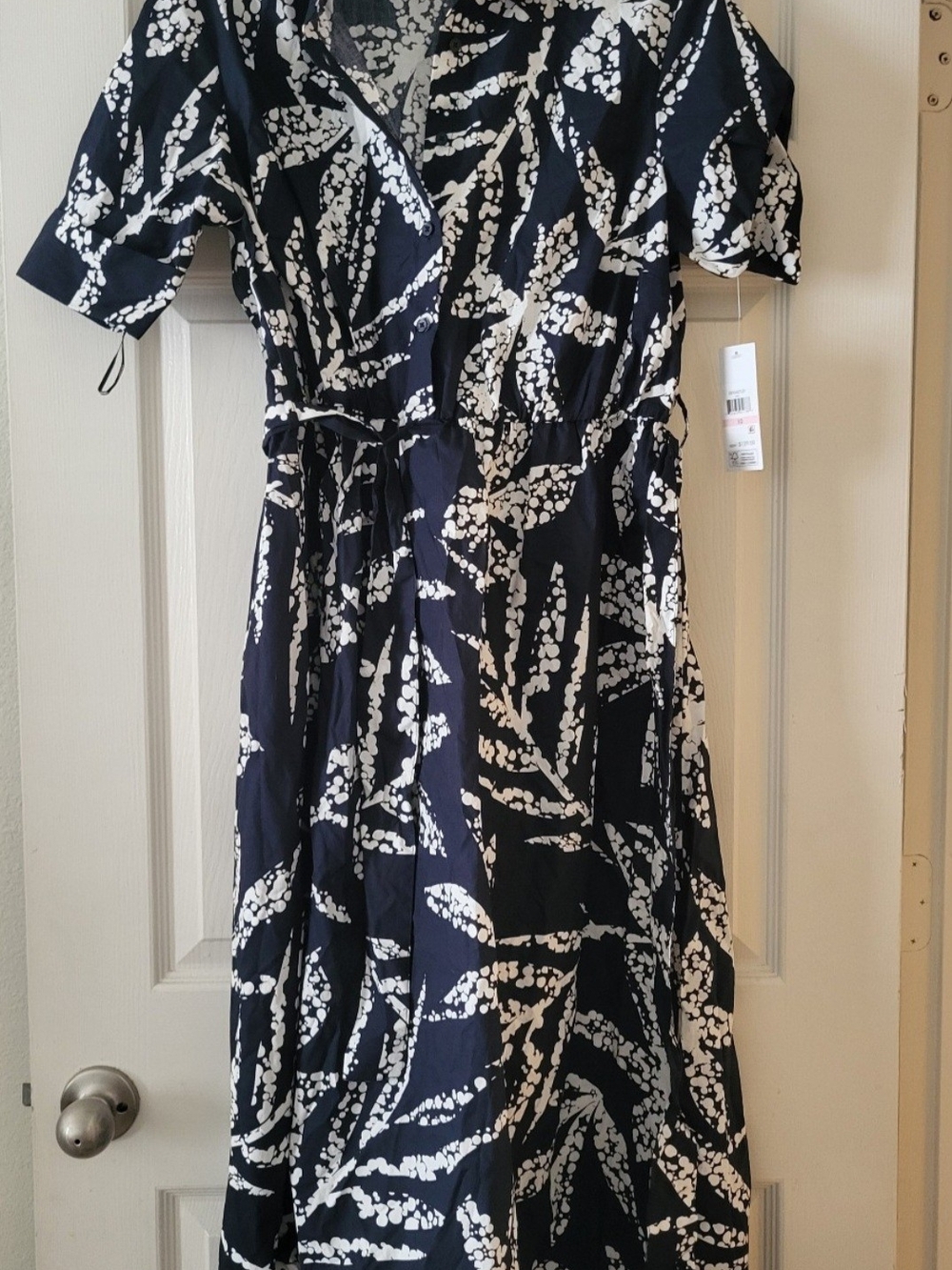 DKNY Navy and White Printed Midi Wrap Dress